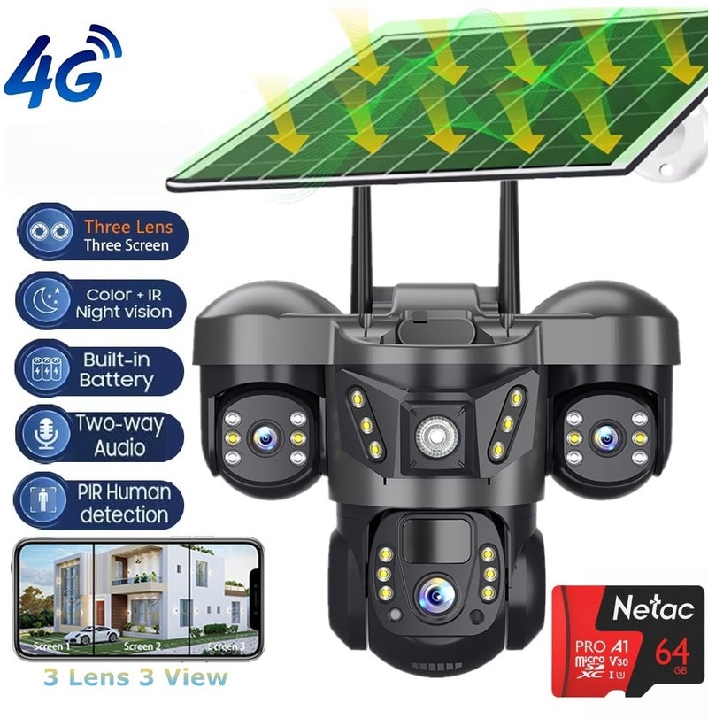 ريد ليف كاميرا مراقبة تعمل بالطاقة الشمسية 4G، خارجية PTZ 4K HD ثلاثية العدسات، مراقبة بانورامية لاسلكية بزاوية 360 درجة، محادثة ثنائية الاتجاه - Image 1